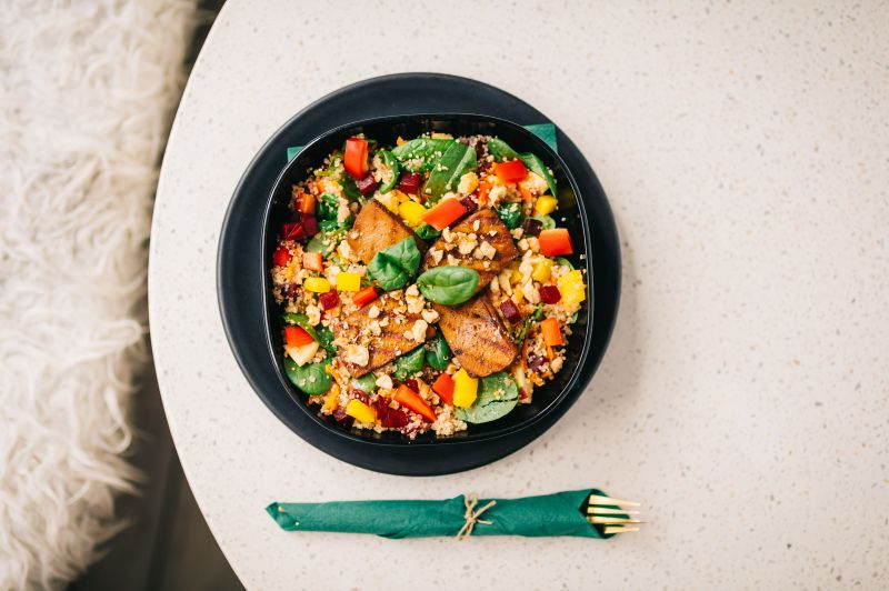 Costa Vida Veggie Bowl with roasted vegetables and quinoa base